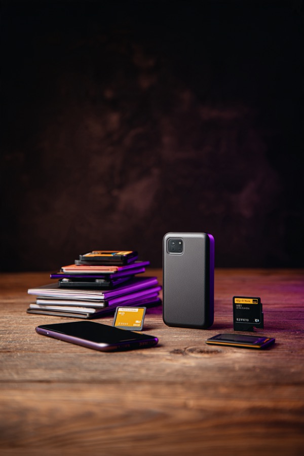 Hard drive, SD cards and a phone, top-down