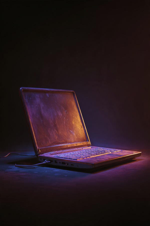 Open laptop glowing in a dark room