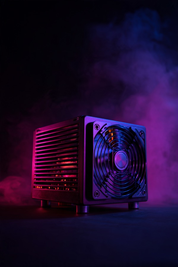 Small computer with a glowing fan in a dim room