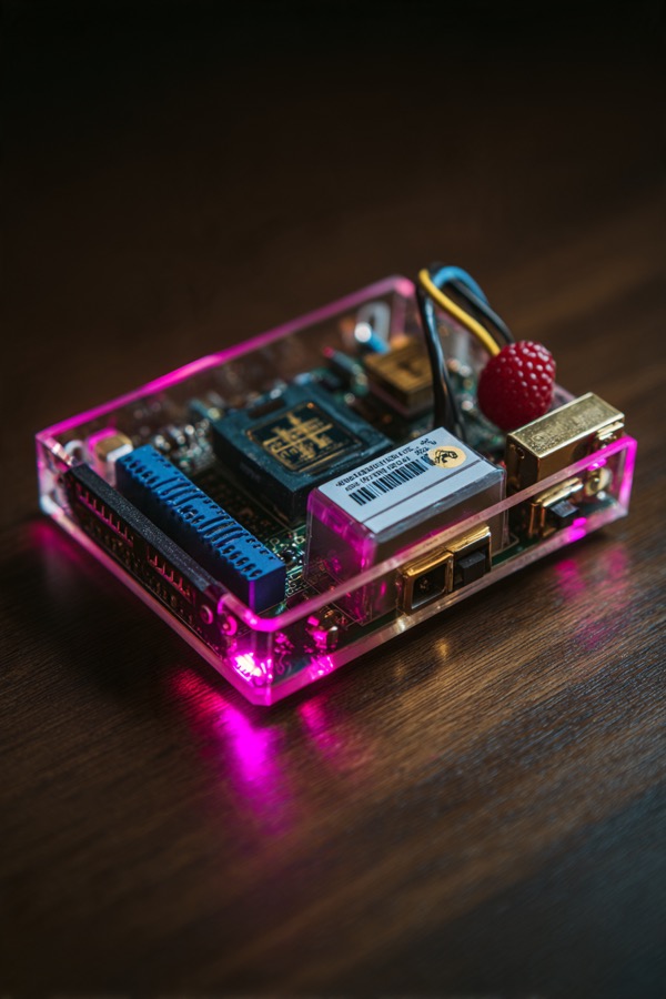 Raspberry Pi with cables under neon light