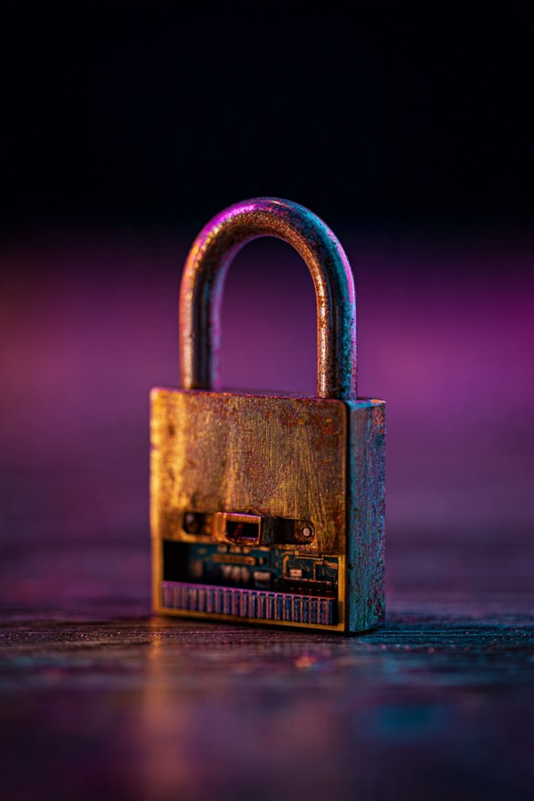 Padlock in focus with a small board behind it